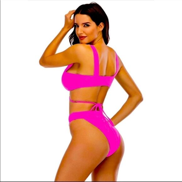 SherryDC Pink Cross Front High Cut Bikini NWT Size Medium - Picture 2 of 12